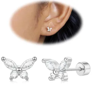 Cartilage Screw Back Earrings for Women, Flat Back Earrings Sterling Silver Hypoallergenic Earrings for Girls Conch Helix Piercing Jewelry Crawler Butterfly Flower Stud Earrings (Butterfly, Silver)