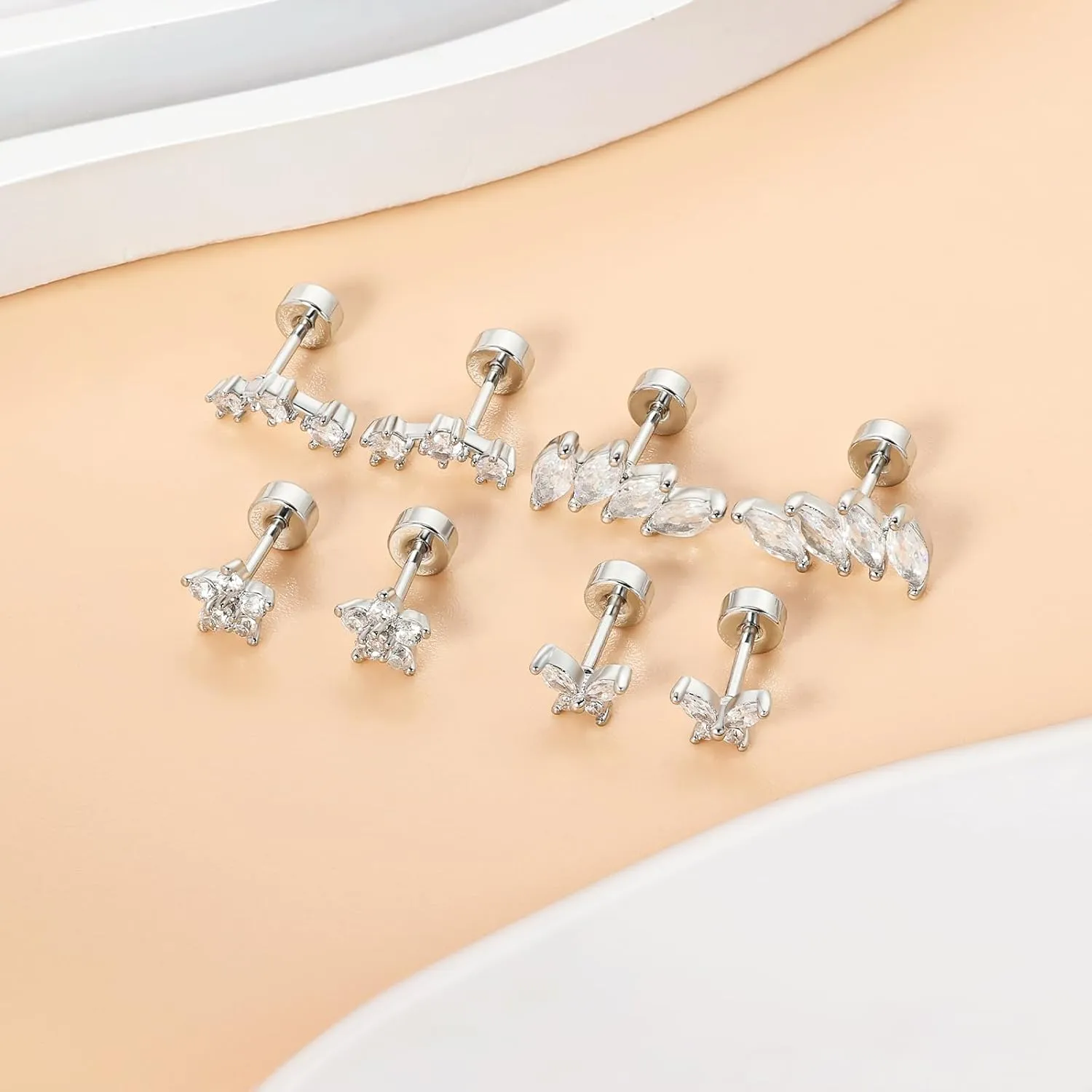 Cartilage Screw Back Earrings for Women, Flat Back Earrings Sterling Silver Hypoallergenic Earrings for Girls Conch Helix Piercing Jewelry Crawler Butterfly Flower Stud Earrings (Butterfly, Silver)