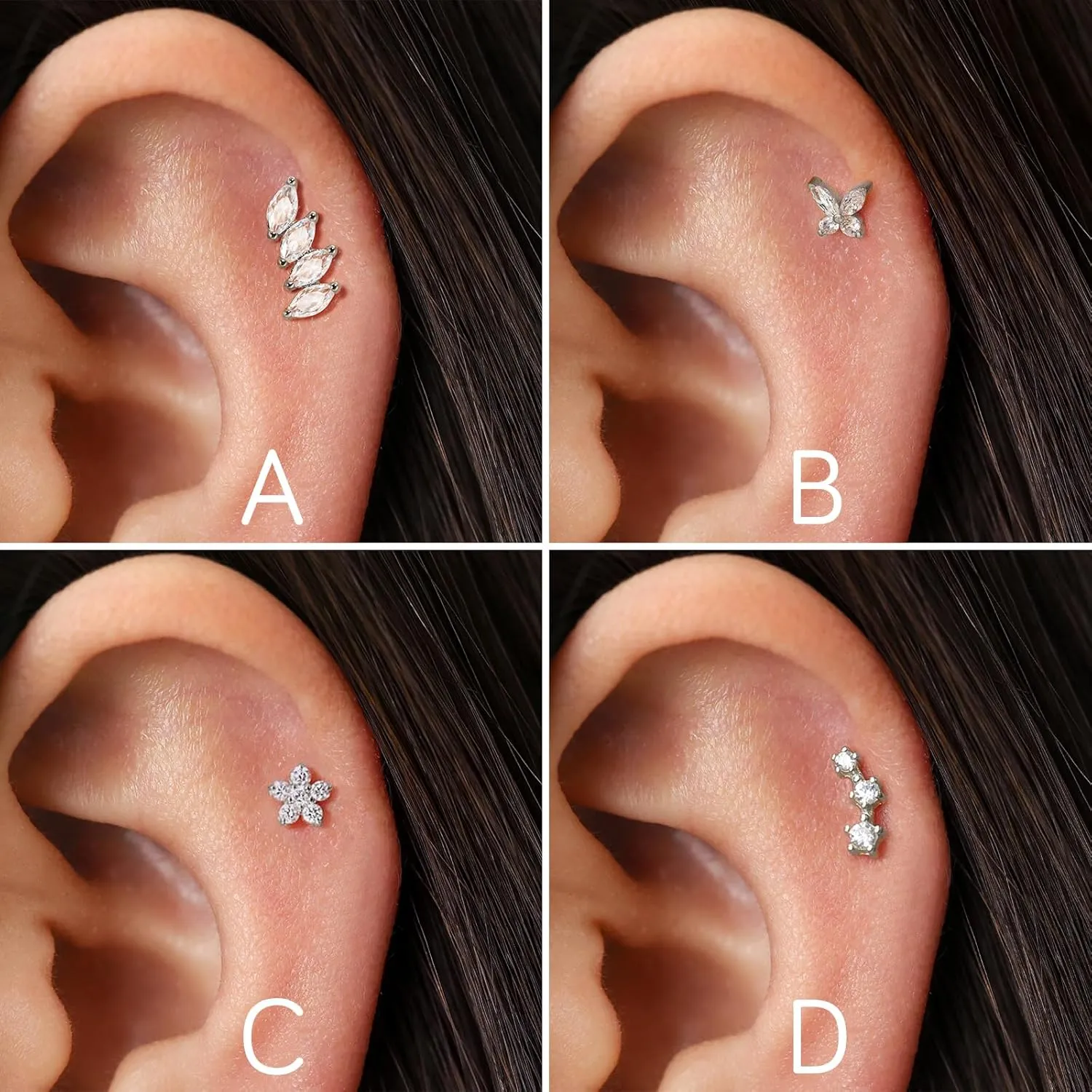 Cartilage Screw Back Earrings for Women, Flat Back Earrings Sterling Silver Hypoallergenic Earrings for Girls Conch Helix Piercing Jewelry Crawler Butterfly Flower Stud Earrings (Butterfly, Silver)