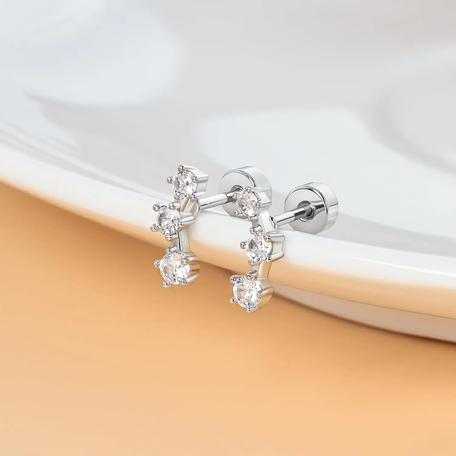 Cartilage Screw Back Earrings for Women, Flat Back Earrings Sterling Silver Hypoallergenic Earrings for Girls Conch Helix Piercing Jewelry Crawler Butterfly Flower Stud Earrings (CZ Cluster, Silver)