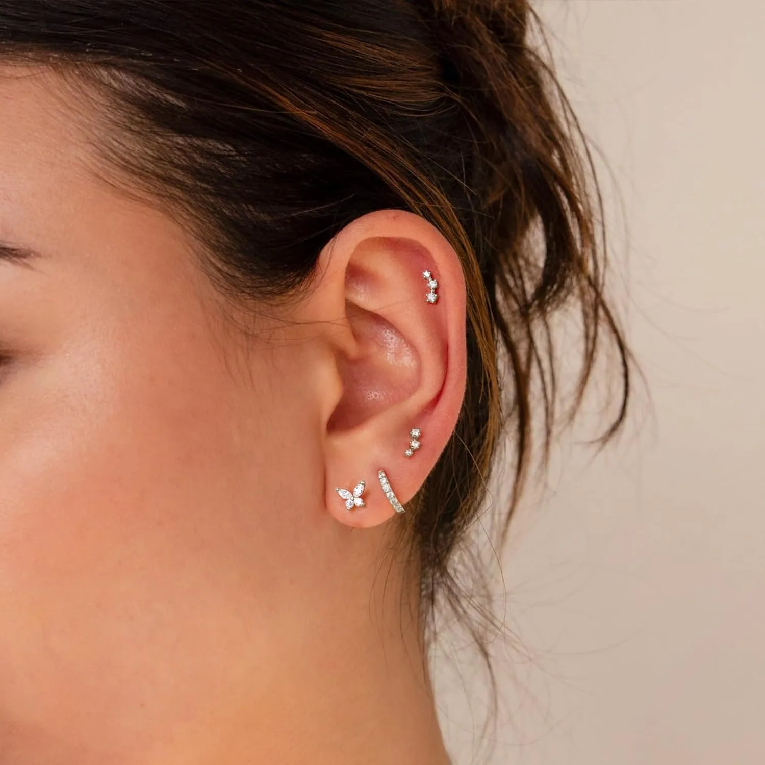 Cartilage Screw Back Earrings for Women, Flat Back Earrings Sterling Silver Hypoallergenic Earrings for Girls Conch Helix Piercing Jewelry Crawler Butterfly Flower Stud Earrings (CZ Cluster, Silver)