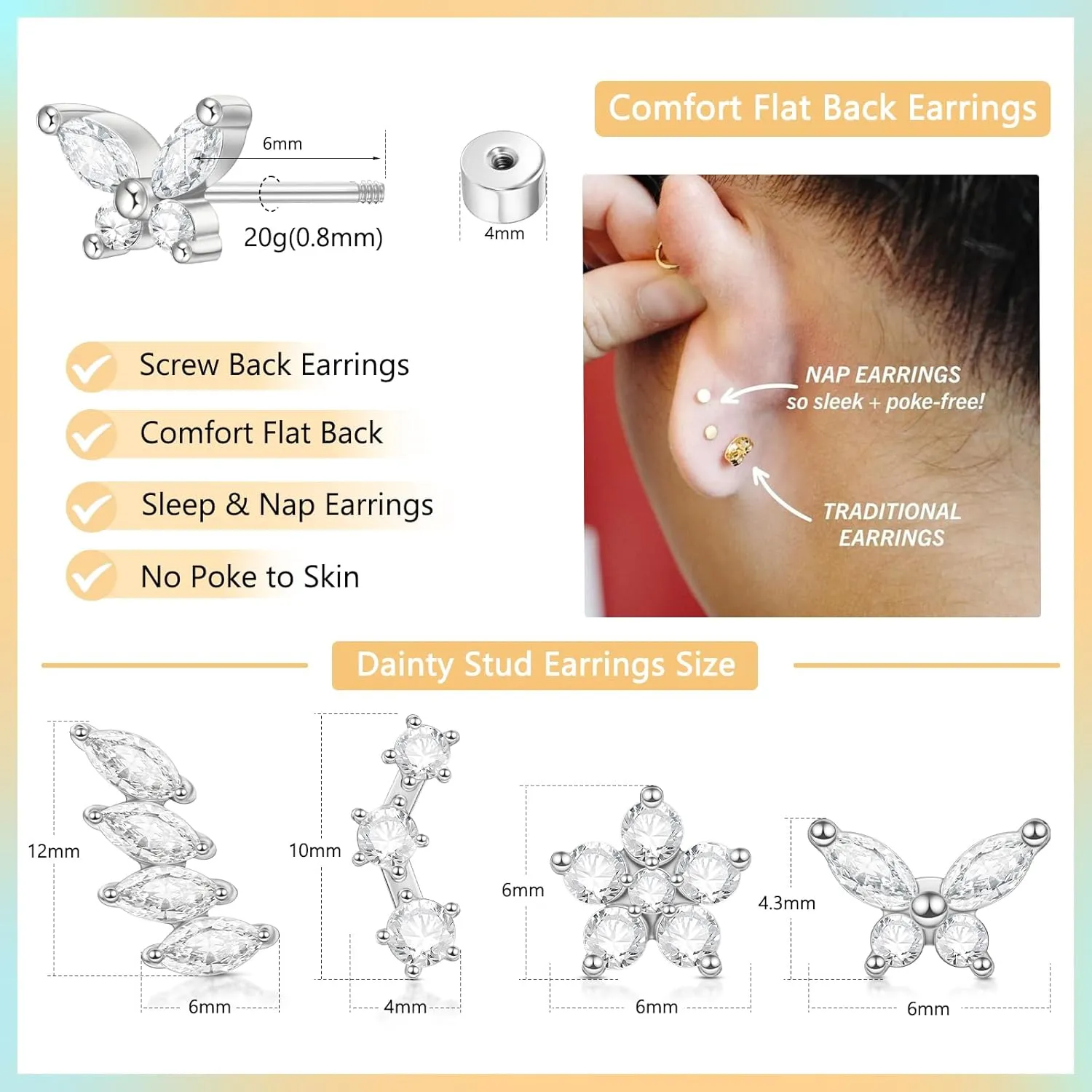 Cartilage Screw Back Earrings for Women, Flat Back Earrings Sterling Silver Hypoallergenic Earrings for Girls Conch Helix Piercing Jewelry Crawler Butterfly Flower Stud Earrings (CZ Cluster, Silver)
