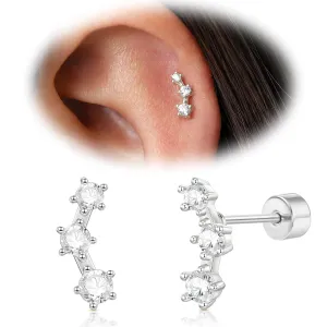 Cartilage Screw Back Earrings for Women, Flat Back Earrings Sterling Silver Hypoallergenic Earrings for Girls Conch Helix Piercing Jewelry Crawler Butterfly Flower Stud Earrings (CZ Cluster, Silver)