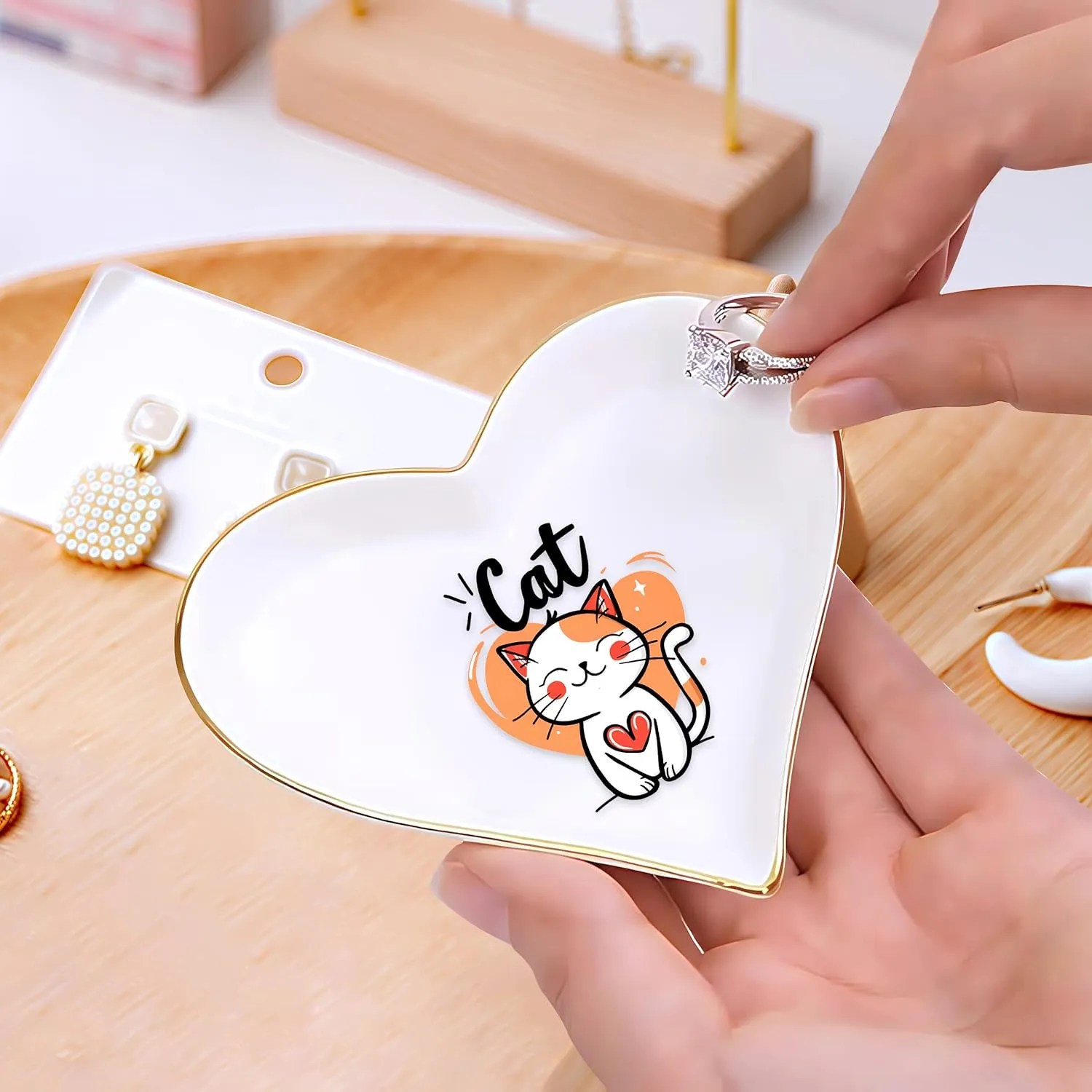 Cat Ring Holder Dish Tray, Gifts For Women Teens Girls Kids, Cat Lovers Themed Stuff Accessories Things Decor Merch, Home Room Ring Earrings Necklace Organizer Holder!