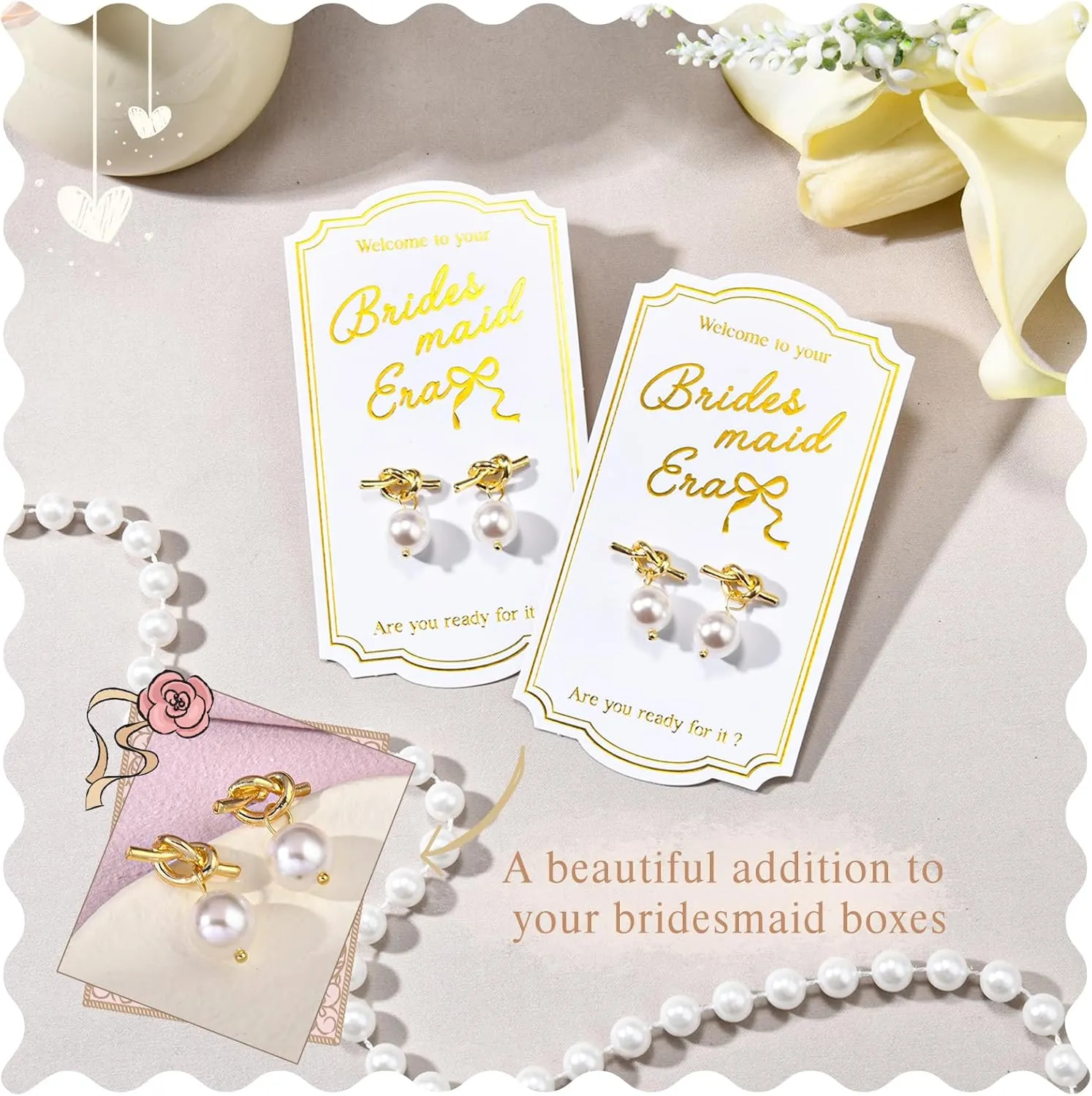 CEELGON Pearl Knot Bridesmaid Earrings Gold Proposal Box Gifts with Card Bridesmaid Jewelry Bachelorette Bridal Party Wedding Favors