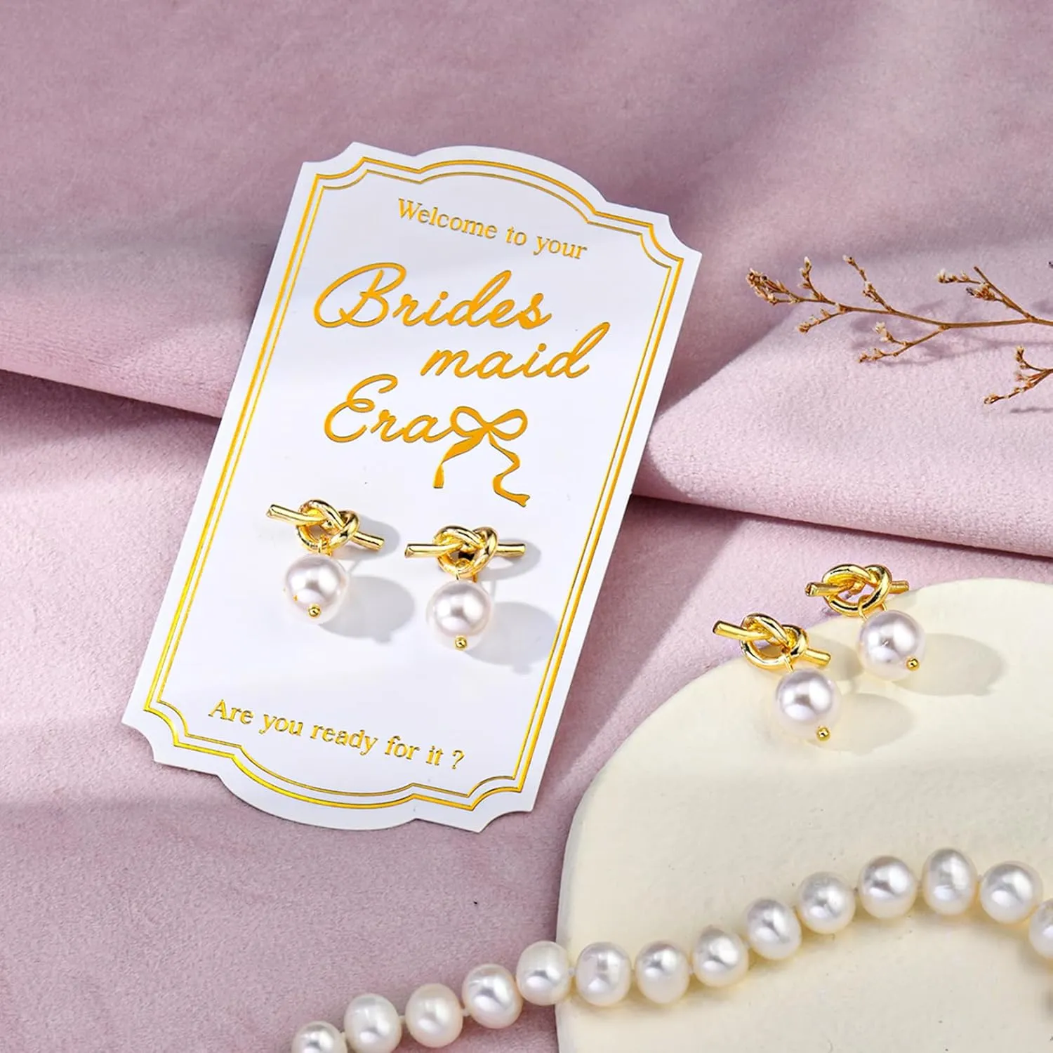CEELGON Pearl Knot Bridesmaid Earrings Gold Proposal Box Gifts with Card Bridesmaid Jewelry Bachelorette Bridal Party Wedding Favors