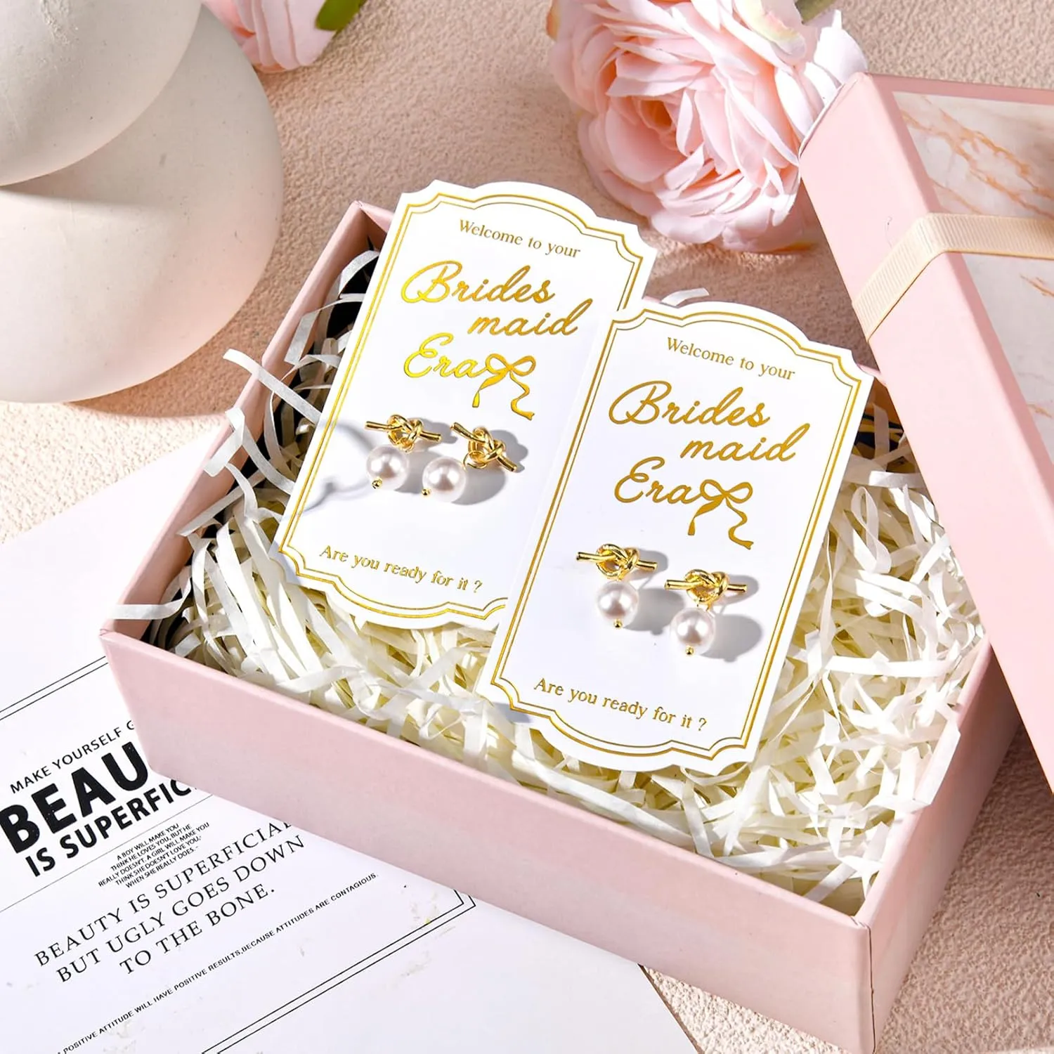CEELGON Pearl Knot Bridesmaid Earrings Gold Proposal Box Gifts with Card Bridesmaid Jewelry Bachelorette Bridal Party Wedding Favors