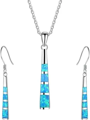 Charm Geometric Shape Jewelry Set Blue Imitation Fire Opal Pendant Necklace with Earrings for Women Accessories Party Loves Gift