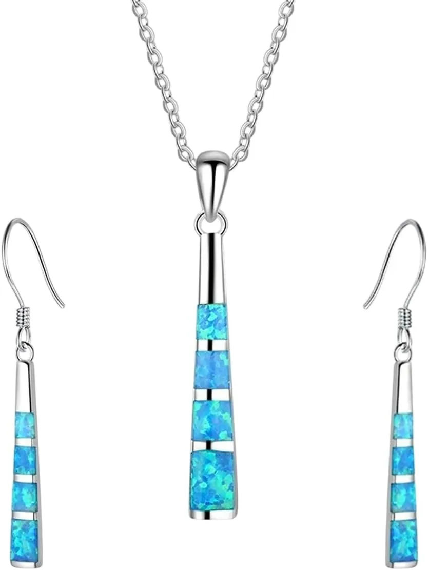 Charm Geometric Shape Jewelry Set Blue Imitation Fire Opal Pendant Necklace with Earrings for Women Accessories Party Loves Gift