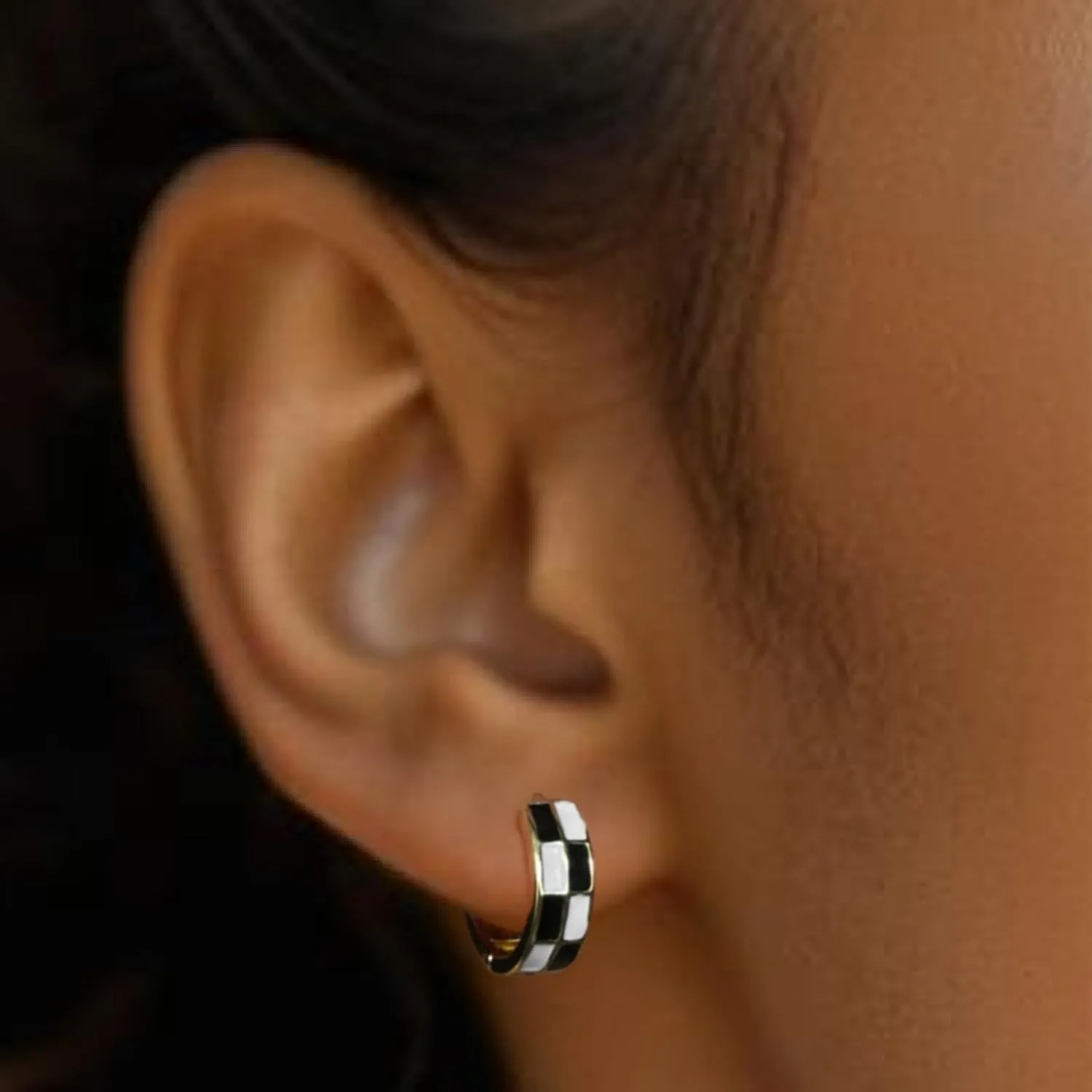 Checkered Hoop Earrings for Women, Black White Checker Small Hoop Earrings Plated with 16K Gold for Women