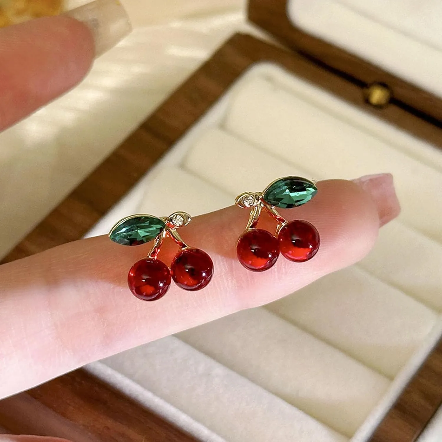 Cherry Earrings for Women Cute Funny 3D Cherry Earrings for Women Green Leaf Red cherries Dangle Hypoallergenic Jewelry