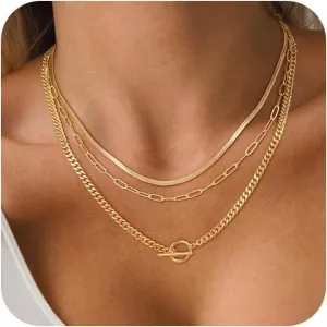 CHESKY Gold Layered Herringbone Necklaces for Women, Trendy 14K Gold Plated Paperclip Snake Chain Necklace Cuban Link Simple Chunky Toggle Clasp Necklace Set Fashion Jewelry