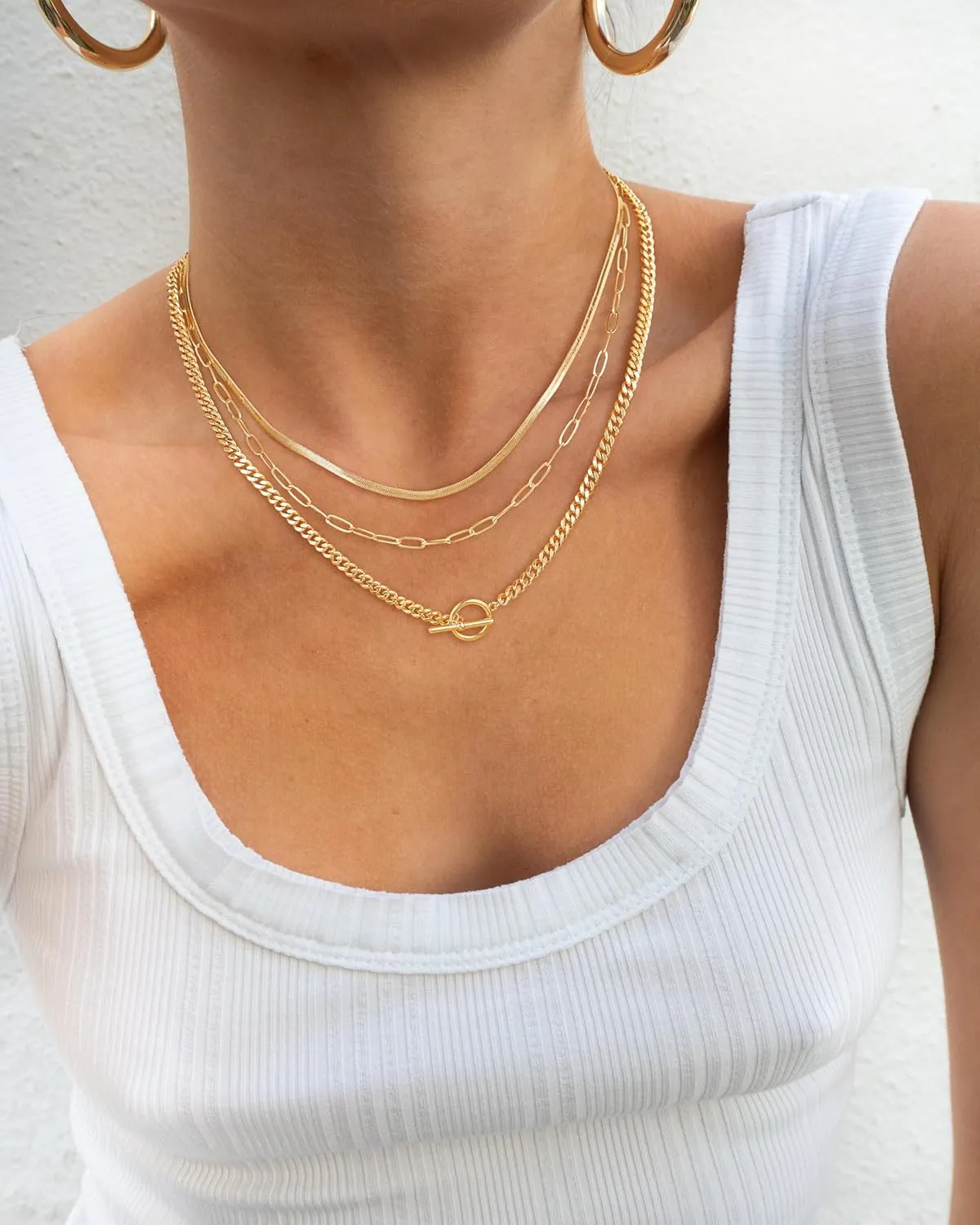 CHESKY Gold Layered Herringbone Necklaces for Women, Trendy 14K Gold Plated Paperclip Snake Chain Necklace Cuban Link Simple Chunky Toggle Clasp Necklace Set Fashion Jewelry