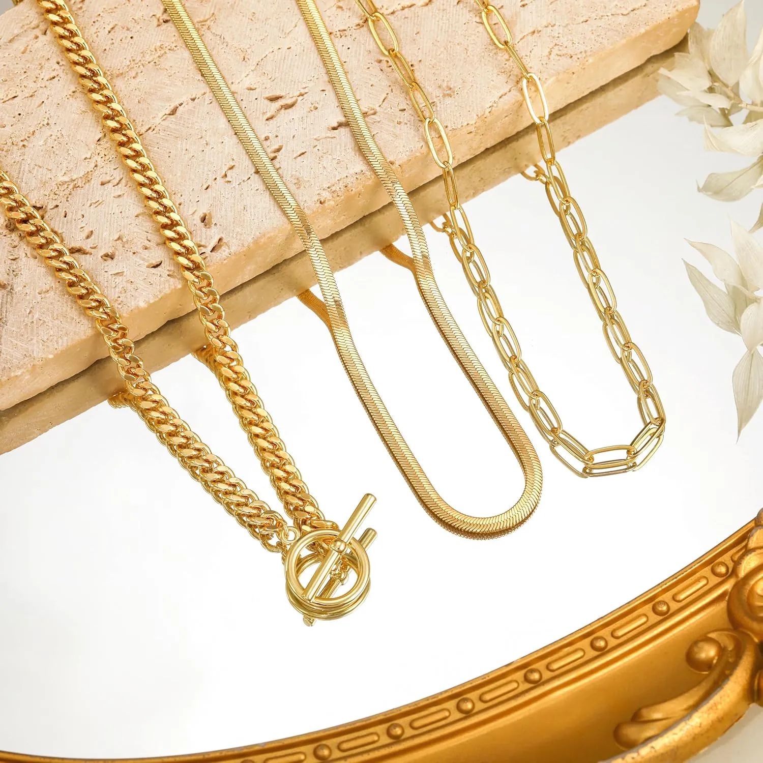CHESKY Gold Layered Herringbone Necklaces for Women, Trendy 14K Gold Plated Paperclip Snake Chain Necklace Cuban Link Simple Chunky Toggle Clasp Necklace Set Fashion Jewelry