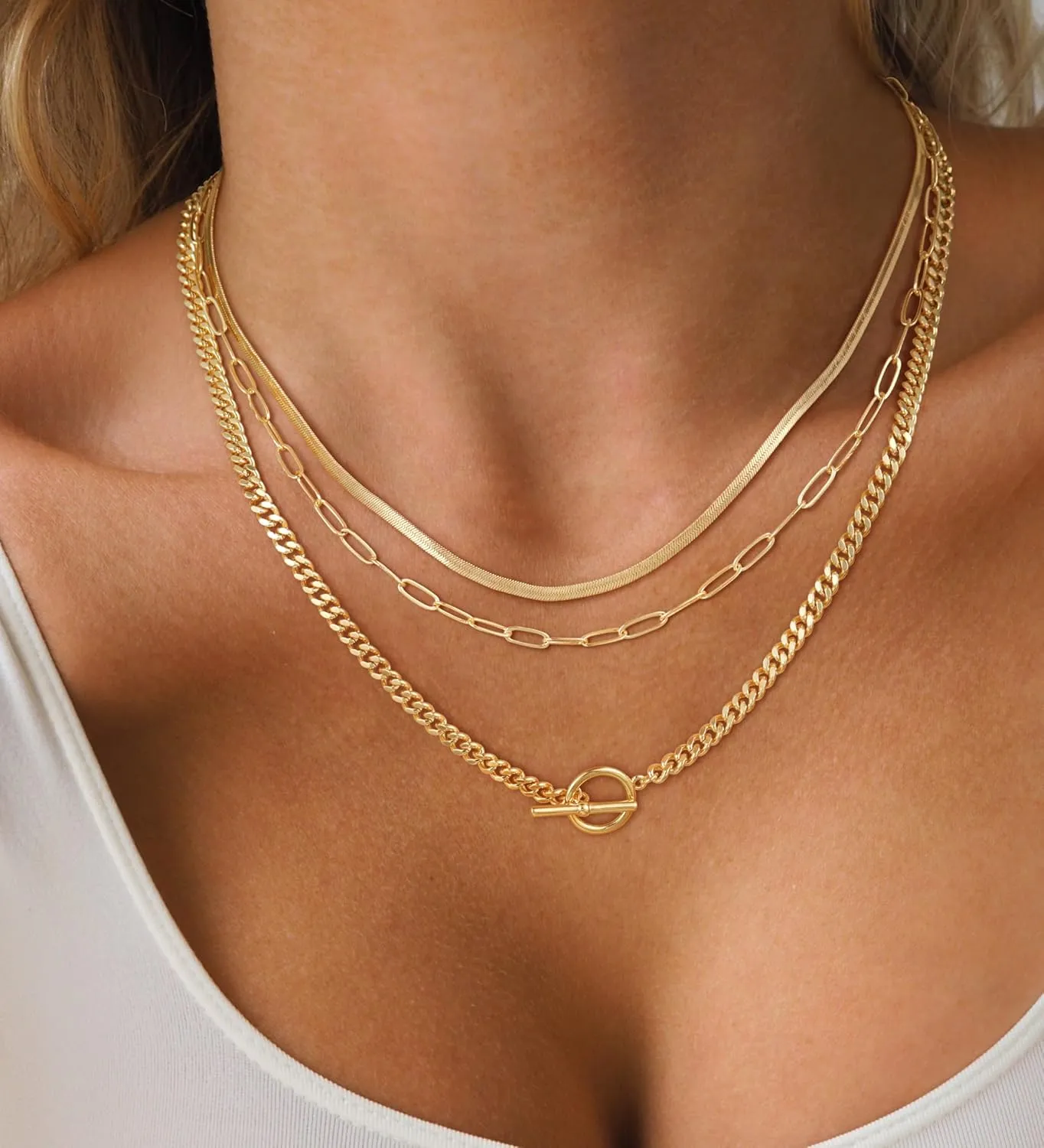 CHESKY Gold Layered Herringbone Necklaces for Women, Trendy 14K Gold Plated Paperclip Snake Chain Necklace Cuban Link Simple Chunky Toggle Clasp Necklace Set Fashion Jewelry