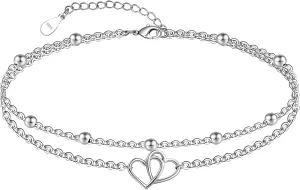 CHIC & ARTSY Womens Sterling Silver Created Opal Layered Anklet Bracelet Dainty Beaded Chain Adjustable 11" Best Friend Anklet