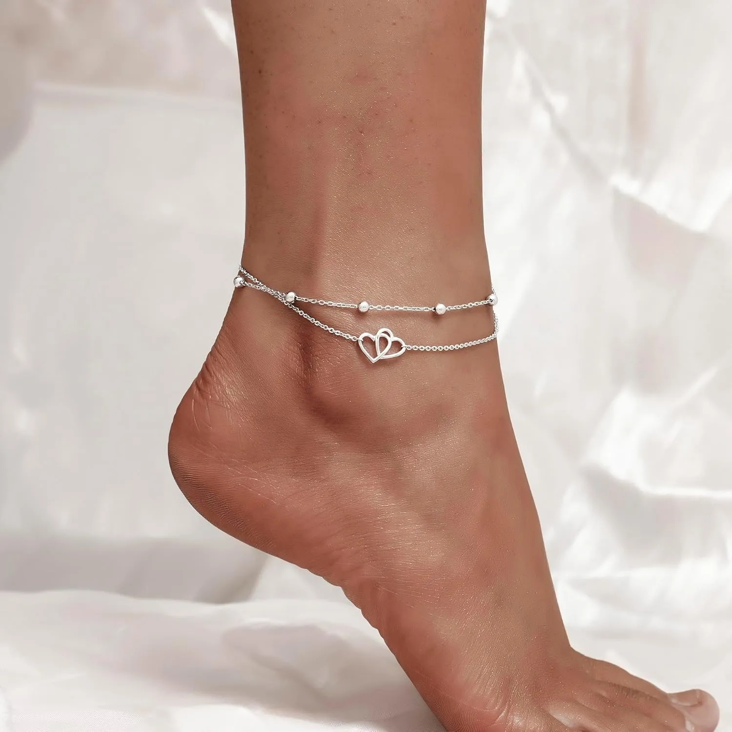 CHIC & ARTSY Womens Sterling Silver Created Opal Layered Anklet Bracelet Dainty Beaded Chain Adjustable 11" Best Friend Anklet