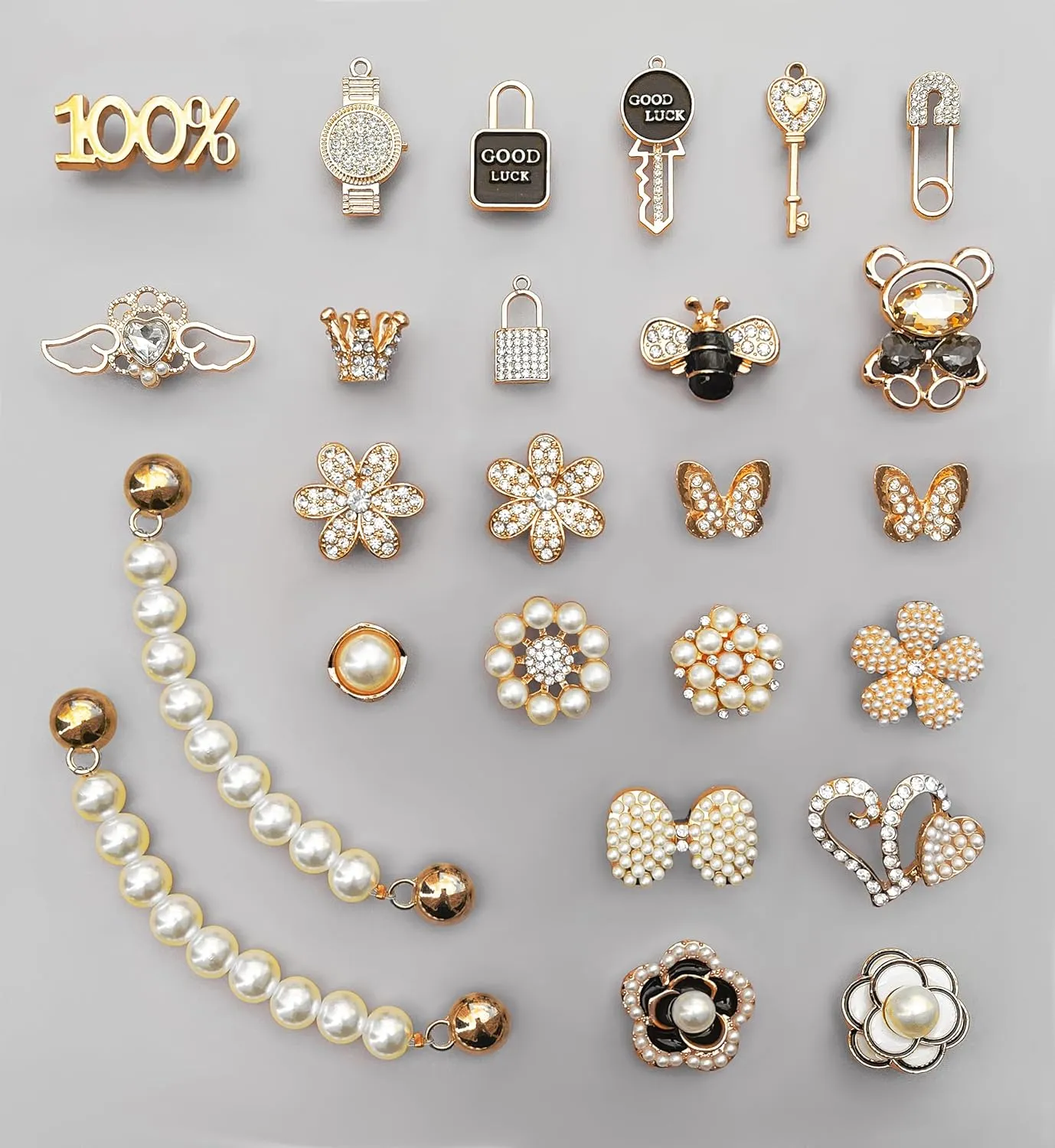 Chic Bling Shoe Charms Gold and Sliver Designer Jewels Pretty Cute Chains Decorations Accessories for Women Girl Adults