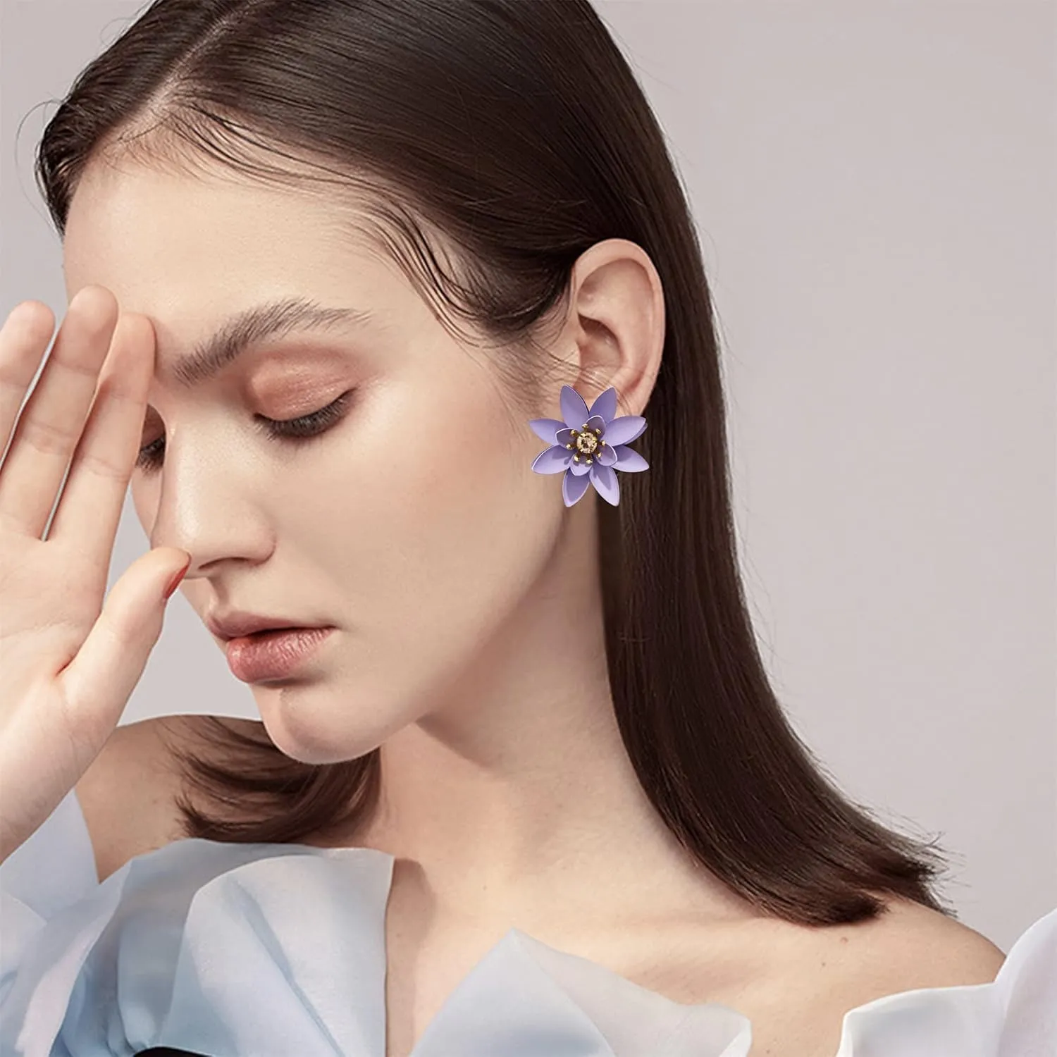 Chic Cute Boho Matte Flower Statement Stud Earrings with Gold Flower Bud for Women Sister Mom Lover and Friends