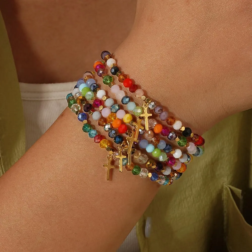 Christian Gifts Colorful Crystal Natural Stone Cross Stretch Bracelets for Women Men Faith Easter Catholic Religious Meaningful Baptism Communion Beads Bracelets
