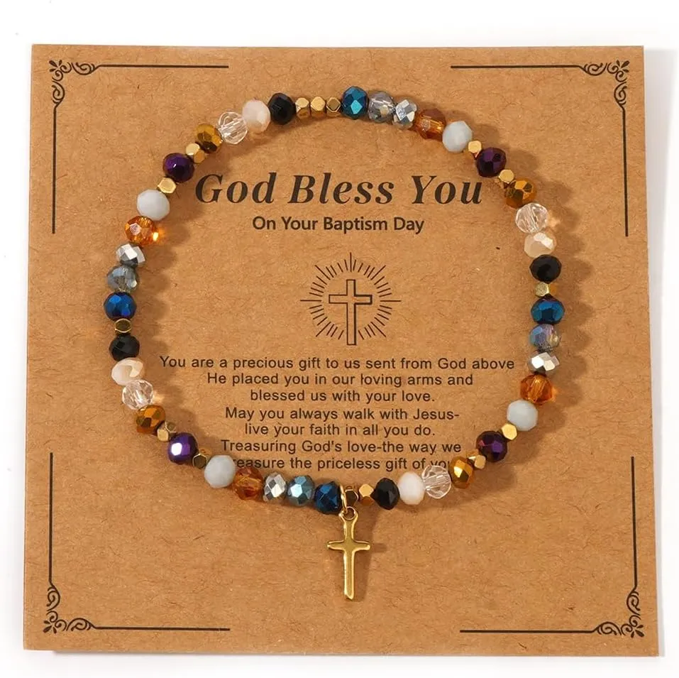 Christian Gifts Colorful Crystal Natural Stone Cross Stretch Bracelets for Women Men Faith Easter Catholic Religious Meaningful Baptism Communion Beads Bracelets
