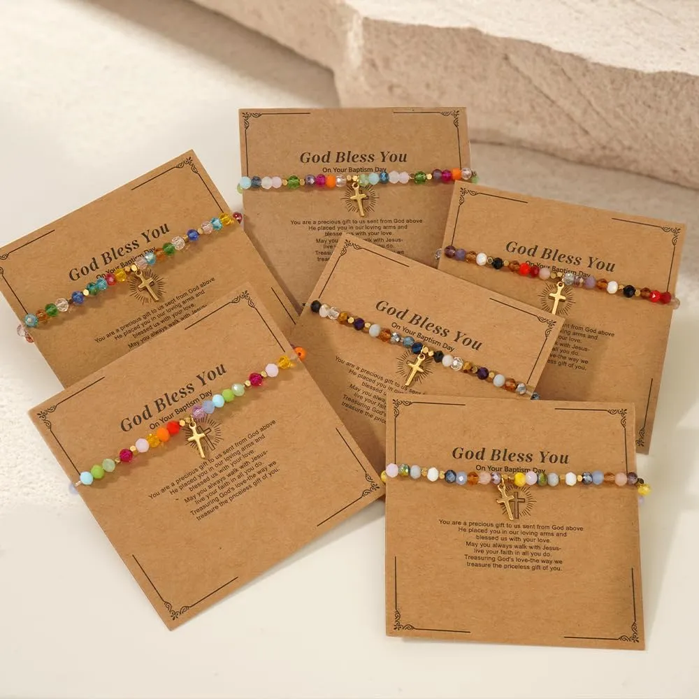 Christian Gifts Colorful Crystal Natural Stone Cross Stretch Bracelets for Women Men Faith Easter Catholic Religious Meaningful Baptism Communion Beads Bracelets