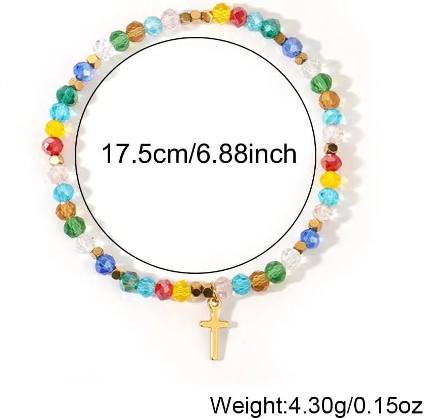 Christian Gifts Colorful Crystal Natural Stone Cross Stretch Bracelets for Women Men Faith Easter Catholic Religious Meaningful Baptism Communion Beads Bracelets