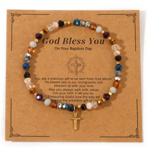 Christian Gifts Colorful Crystal Natural Stone Cross Stretch Bracelets for Women Men Faith Easter Catholic Religious Meaningful Baptism Communion Beads Bracelets