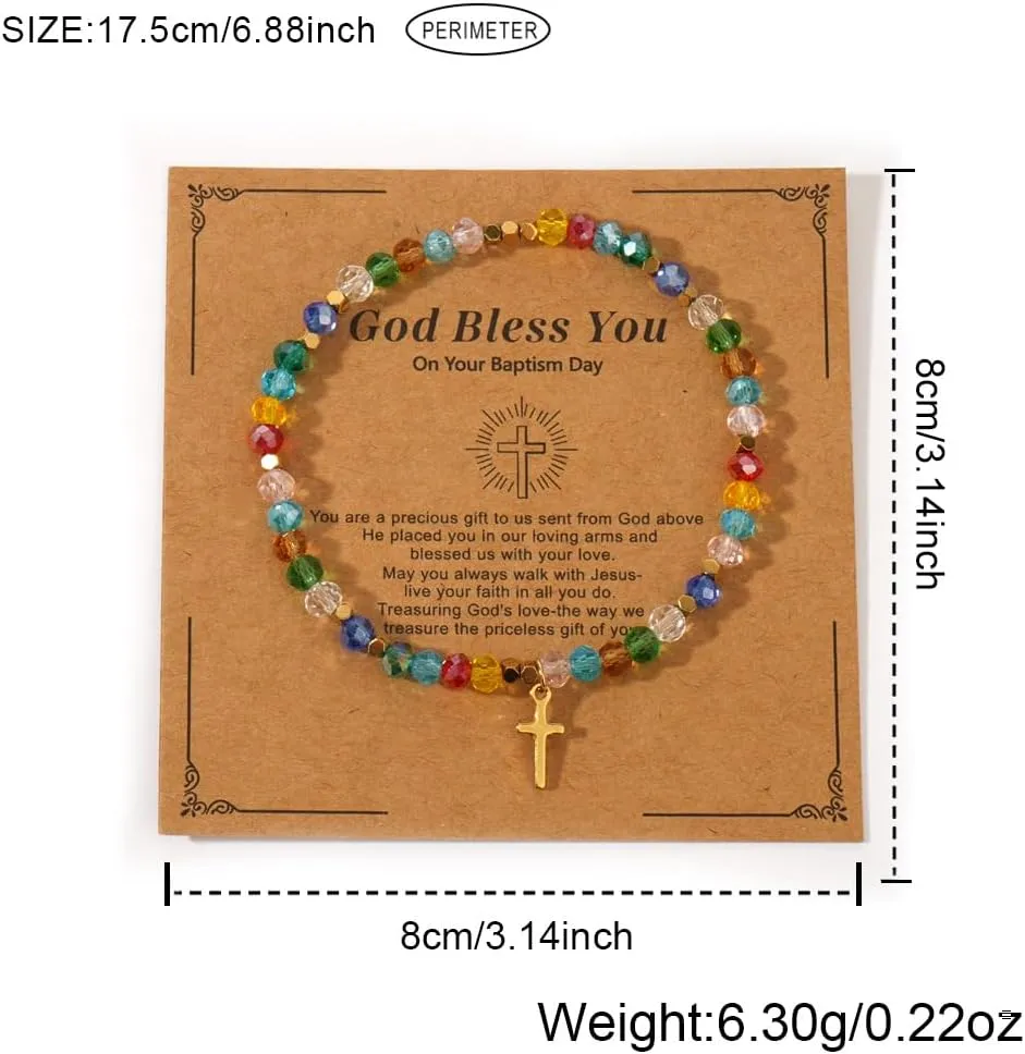 Christian Gifts Colorful Crystal Natural Stone Cross Stretch Bracelets for Women Men Faith Easter Catholic Religious Meaningful Baptism Communion Beads Bracelets