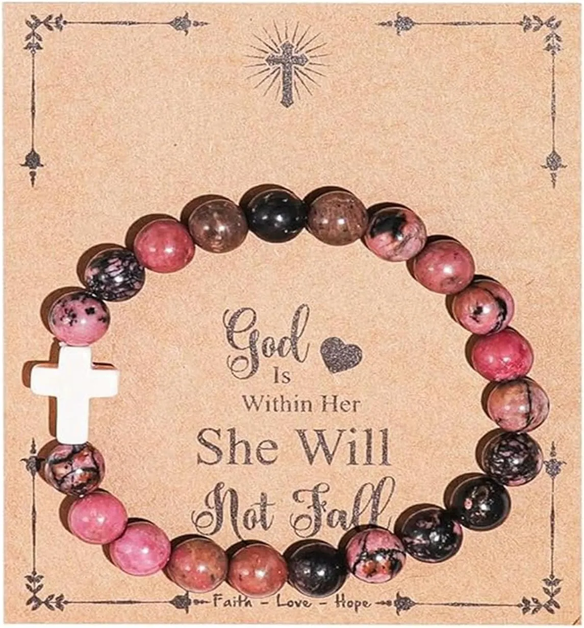 Christian Religious Cross Natural Healing Stone Beads Handmade Inspirational Adjustable Bracelet with Meaningful Card Catholic Faith Protection Jewelry for Women Men