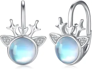 Christmas Earrings 925 Sterling Silver Moonstone Earrings Reindeer Deer Zircon Leverback Cute Earrings Christmas Jewelry Gift for Women Sister