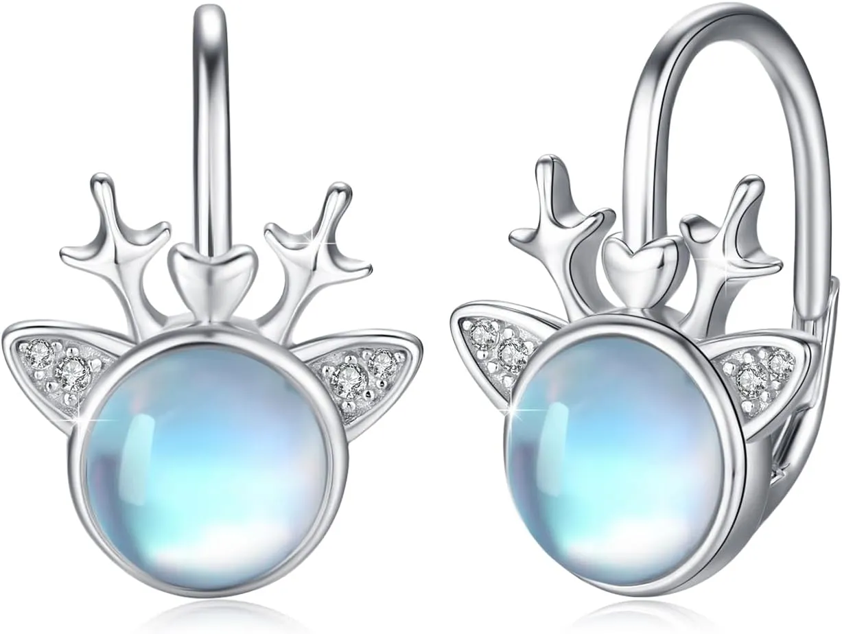 Christmas Earrings 925 Sterling Silver Moonstone Earrings Reindeer Deer Zircon Leverback Cute Earrings Christmas Jewelry Gift for Women Sister