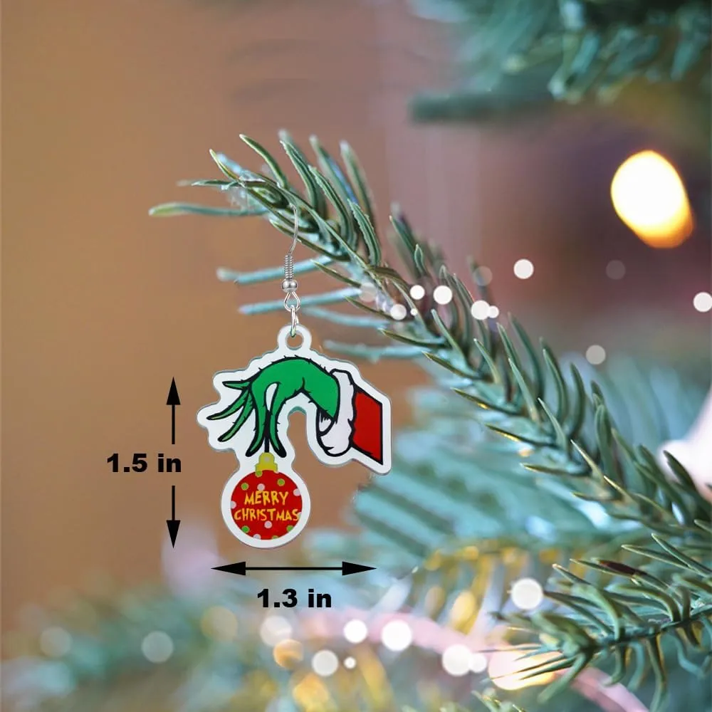 Christmas Grinchmas Earring for Women Handmade Acrylic Teardrop Dangle Earrings Red Green Christmas Cute Earrings Christmas New Year Party Winter Holiday Jewelry Gift
