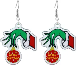 Christmas Grinchmas Earring for Women Handmade Acrylic Teardrop Dangle Earrings Red Green Christmas Cute Earrings Christmas New Year Party Winter Holiday Jewelry Gift