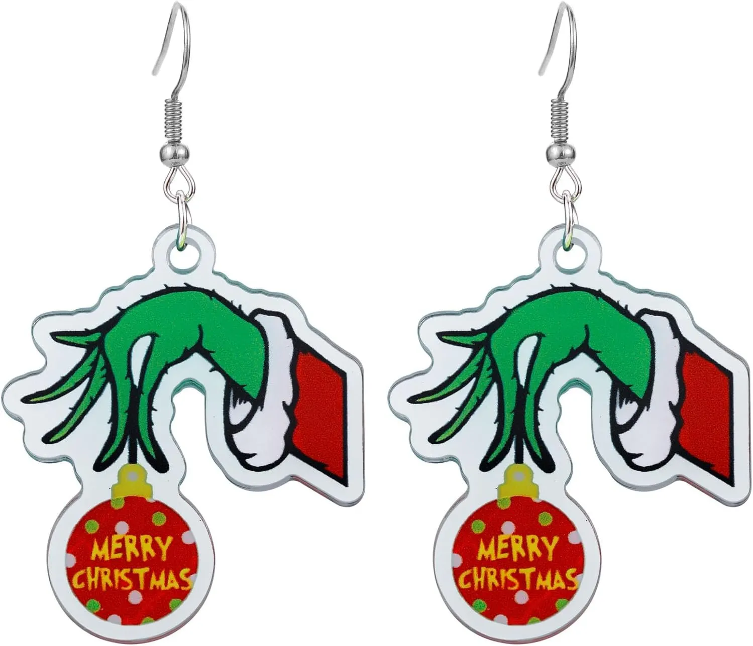 Christmas Grinchmas Earring for Women Handmade Acrylic Teardrop Dangle Earrings Red Green Christmas Cute Earrings Christmas New Year Party Winter Holiday Jewelry Gift
