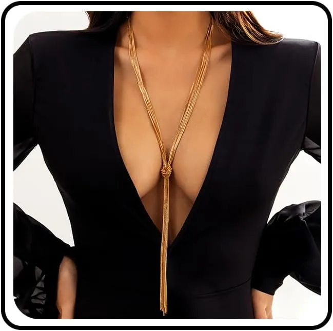 Chunky Long Gold Statement Y Necklace for Women Thick Vintage Round Ball Choker Multi Layered Knot Tassel Necklaces Trendy Hip Hop Exaggerated Jewelry