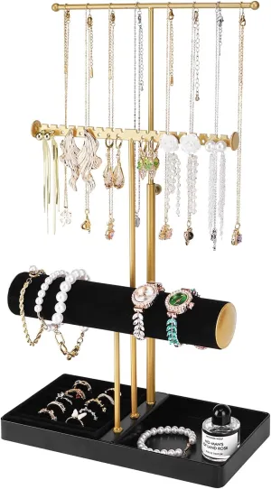 Cirhy Jewelry Organizer Stand, 3 Tier Necklace Holder for Women, Adjustable Jewelry Tree with Velvet Bracelet & Ring Tray, Elegant Jewelry Display for Necklaces, Bracelets, and EarringsBlack