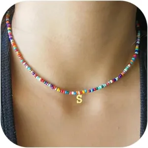 Colorful Beaded Initial Necklaces for Women, 18K Gold Plated Letter Necklace Choker Bohemian Necklace Boho 3MM Beads Choker Dainty Necklace Personalized Gifts for Women