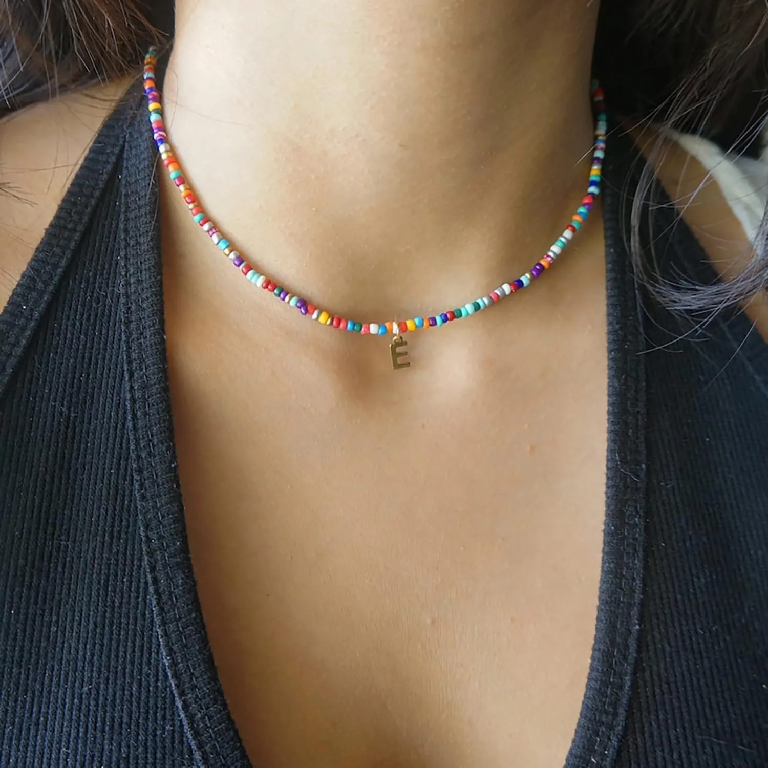 Colorful Beaded Initial Necklaces for Women, 18K Gold Plated Letter Necklace Choker Bohemian Necklace Boho 3MM Beads Choker Dainty Necklace Personalized Gifts for Women