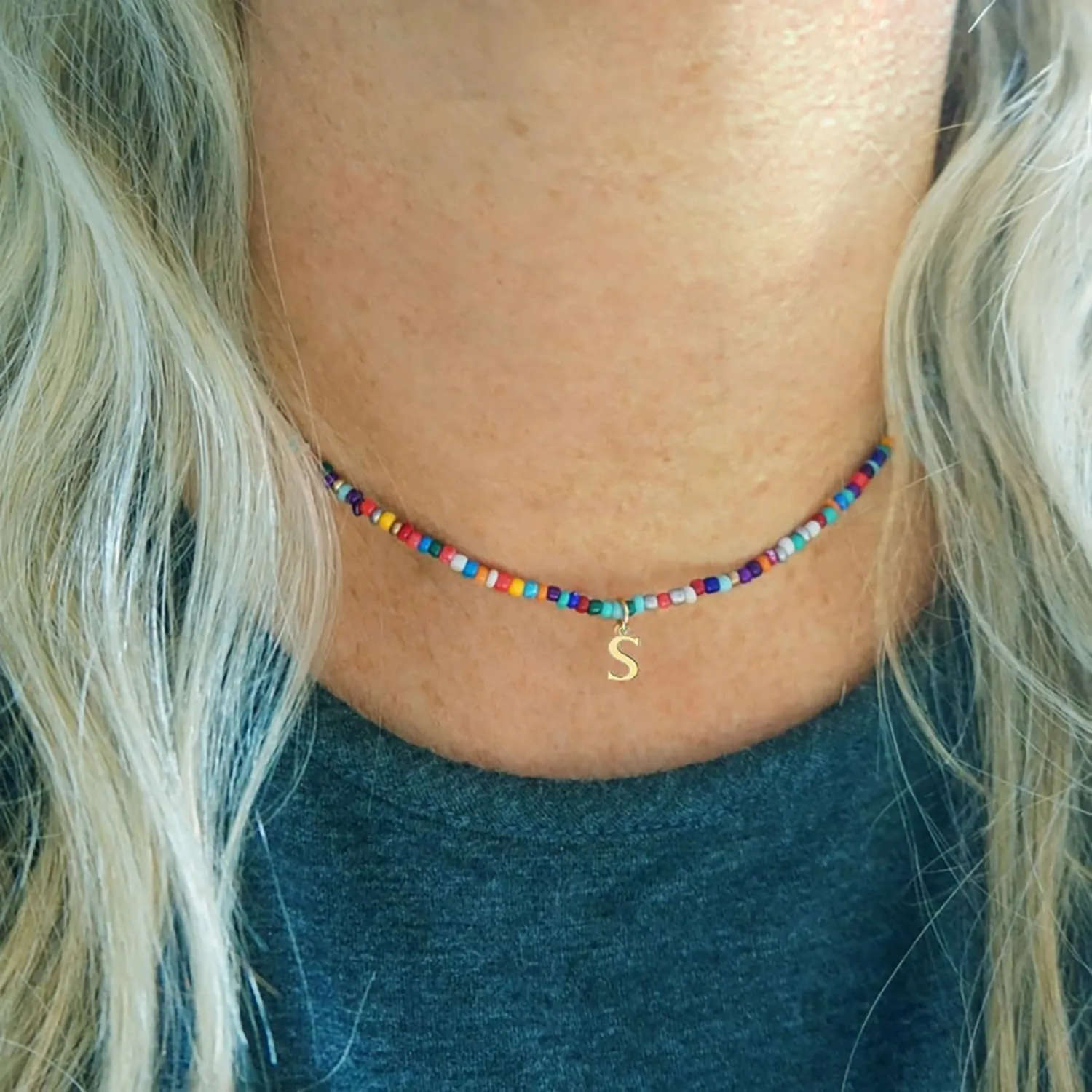 Colorful Beaded Initial Necklaces for Women, 18K Gold Plated Letter Necklace Choker Bohemian Necklace Boho 3MM Beads Choker Dainty Necklace Personalized Gifts for Women