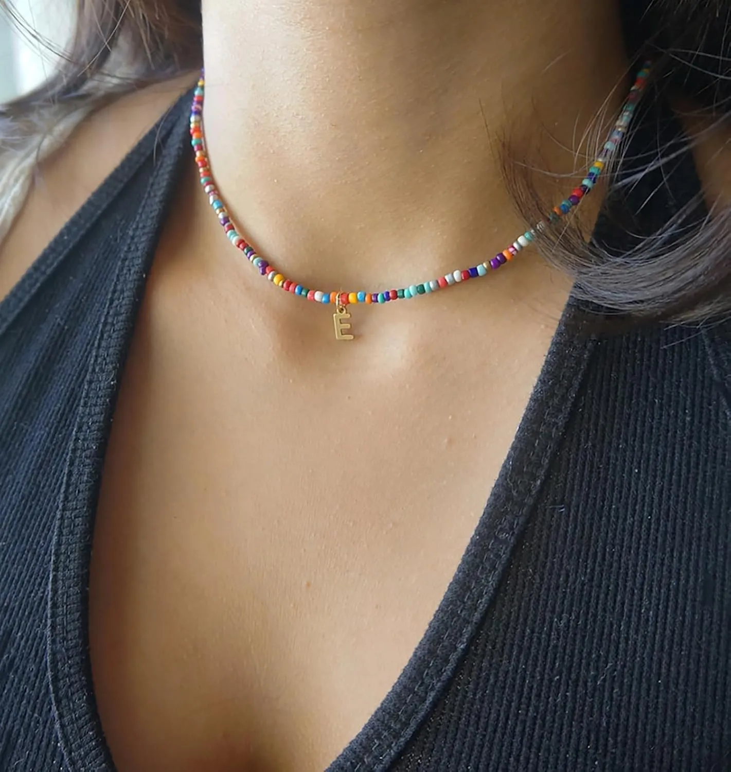 Colorful Beaded Initial Necklaces for Women, 18K Gold Plated Letter Necklace Choker Bohemian Necklace Boho 3MM Beads Choker Dainty Necklace Personalized Gifts for Women
