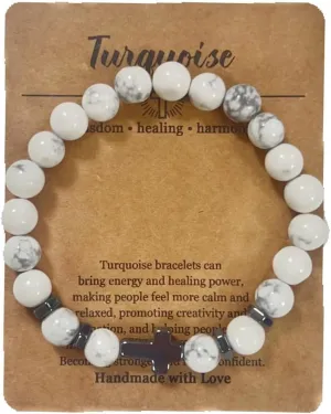 COLORFUL BLING Natural Healing Stone Cross Beaded Crystal Strand Adjustable Dangling Bracelet With Meaningful Card Inspirational Religious Gifts for Women Jewelry Turquoise Relief Anxiety