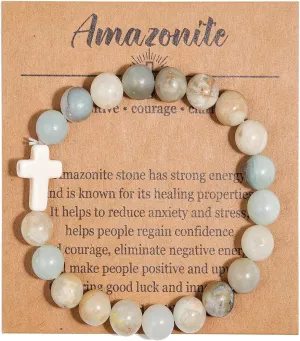 COLORFUL BLING Natural Healing Stone Cross Beaded Crystal Strand Adjustable Dangling Bracelet With Meaningful Card Inspirational Religious Gifts for Women Jewelry Turquoise Relief Anxiety