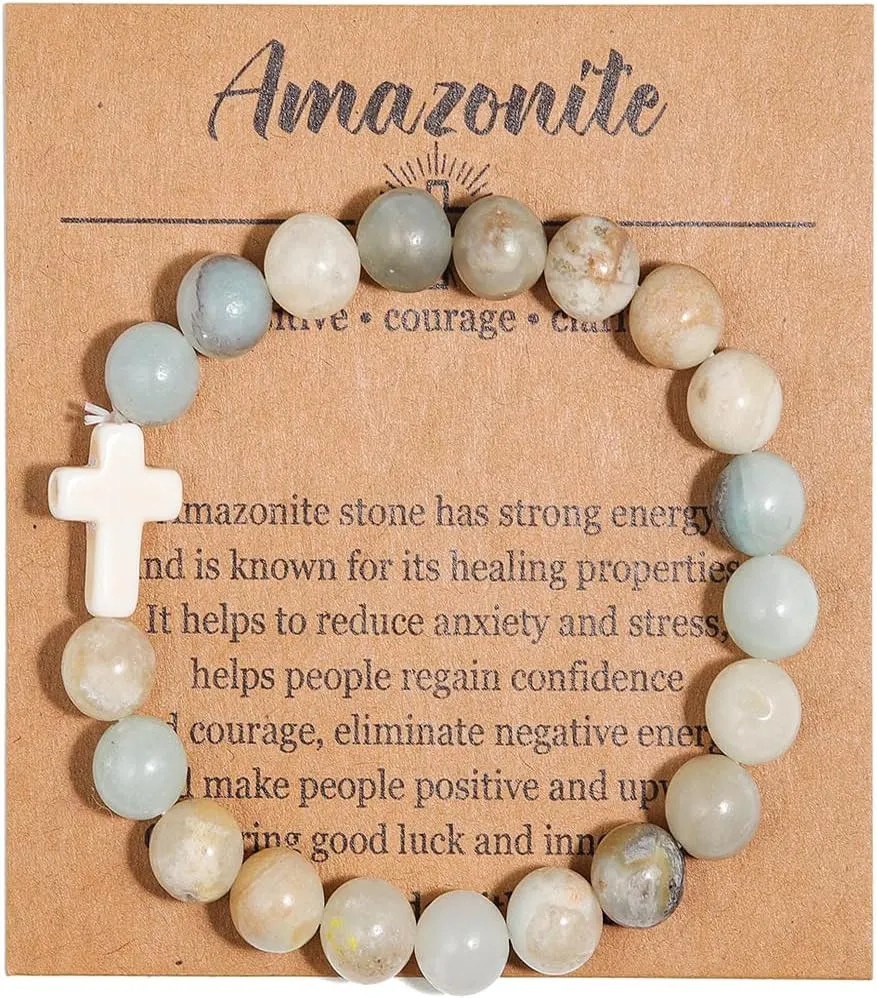 COLORFUL BLING Natural Healing Stone Cross Beaded Crystal Strand Adjustable Dangling Bracelet With Meaningful Card Inspirational Religious Gifts for Women Jewelry Turquoise Relief Anxiety