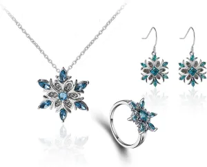 COLORFUL BLING Women's Blue Snowflake Dangle Earrings Pendant Necklace Ring Set Flower Clavicle Chain Crystal Thanksgiving Day gift for Women Female Winter Christmas Xmas Jewelry