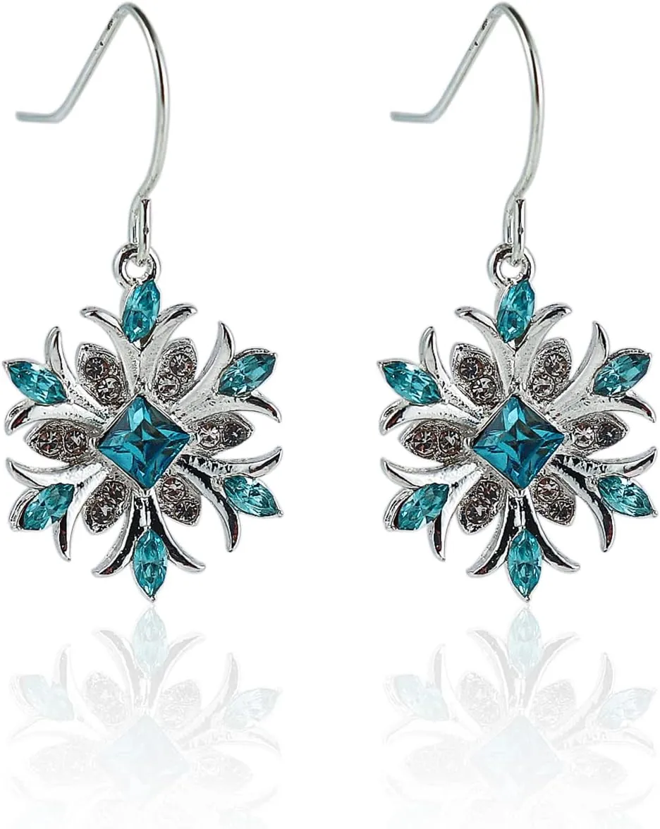 COLORFUL BLING Women's Blue Snowflake Dangle Earrings Pendant Necklace Ring Set Flower Clavicle Chain Crystal Thanksgiving Day gift for Women Female Winter Christmas Xmas Jewelry