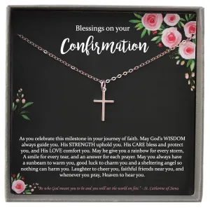 Confirmation Gifts for Girls, 14K Rose Gold Cross Necklace with Meaningful Message