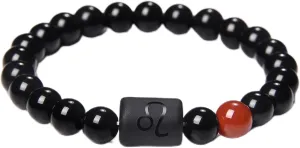 Constellation Zodiac Signs Charm Bracelet Men Natural Black Onyx Stone Beads Elastic Bangles Friendship Jewelry Women,Leo,19cm