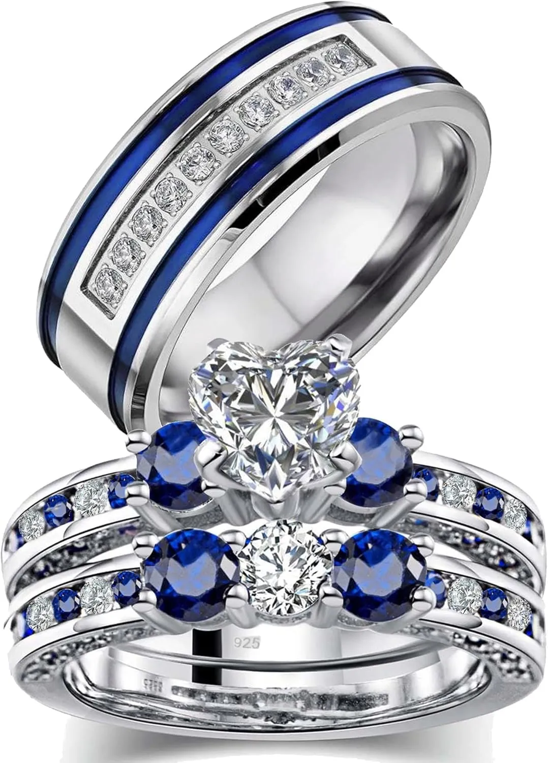 Couple Rings White Gold Plated 925 Sterling Silver Ring 1CT Heart CZ Women Wedding Ring Sets Men Titanium Steel Ring