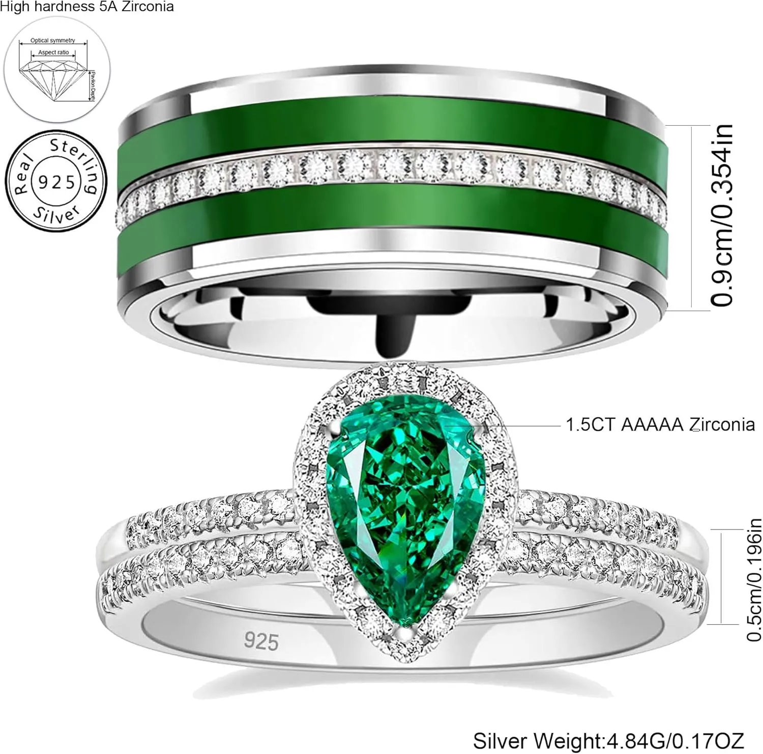 Couple Rings White Gold Plated 925 Sterling Silver Ring 2CT AAAAA Green CZ Women Wedding Ring Sets Men Titanium Steel Ring